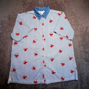 Vtg 90s Fitting Image Button Down Shirt Womens 18 Blue Striped Teddy Bear AOP